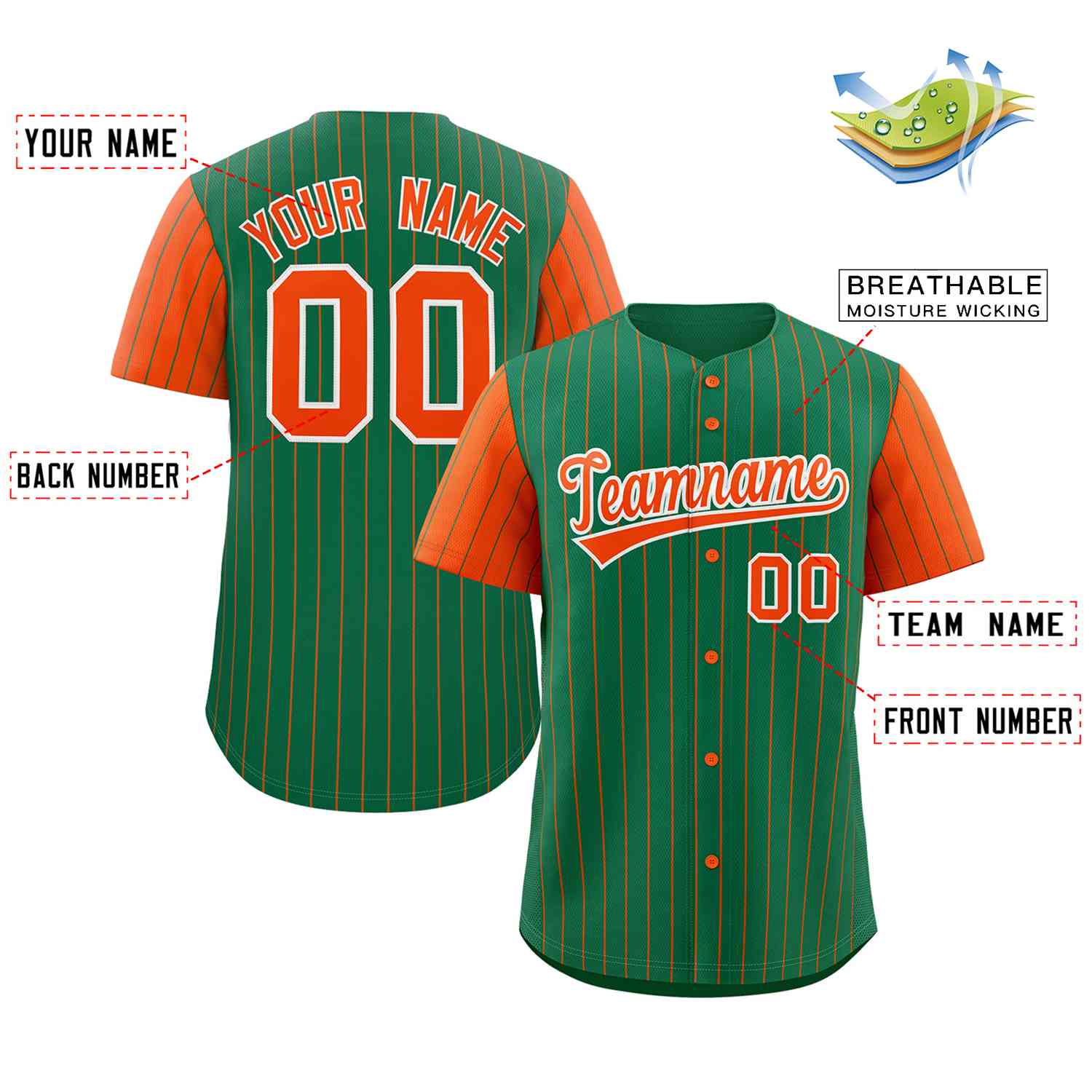 Custom Kelly Green Orange-White Stripe Fashion Raglan Sleeves Authentic Baseball Jersey - Image 2