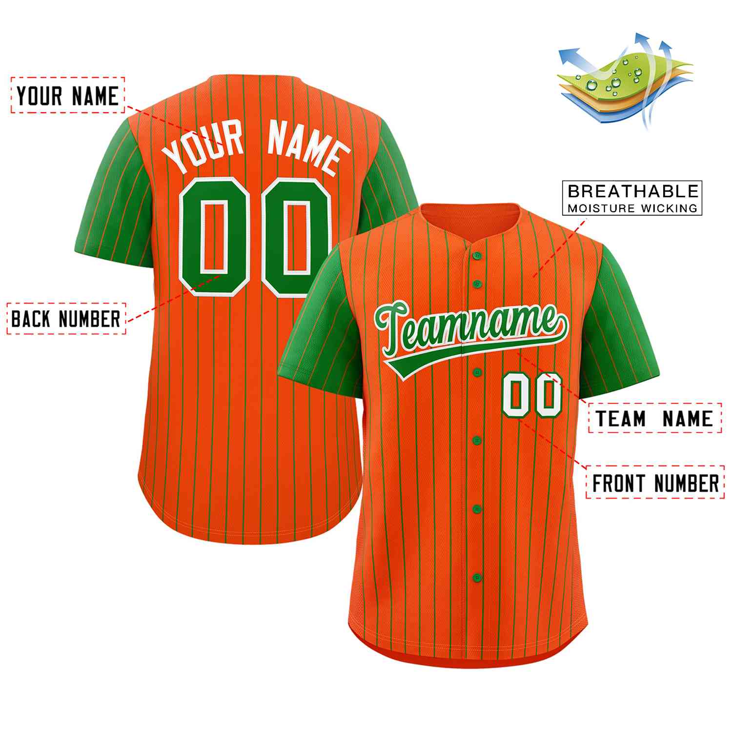 Custom Orange Kelly Green-White Stripe Fashion Raglan Sleeves Authentic Baseball Jersey - Image 2