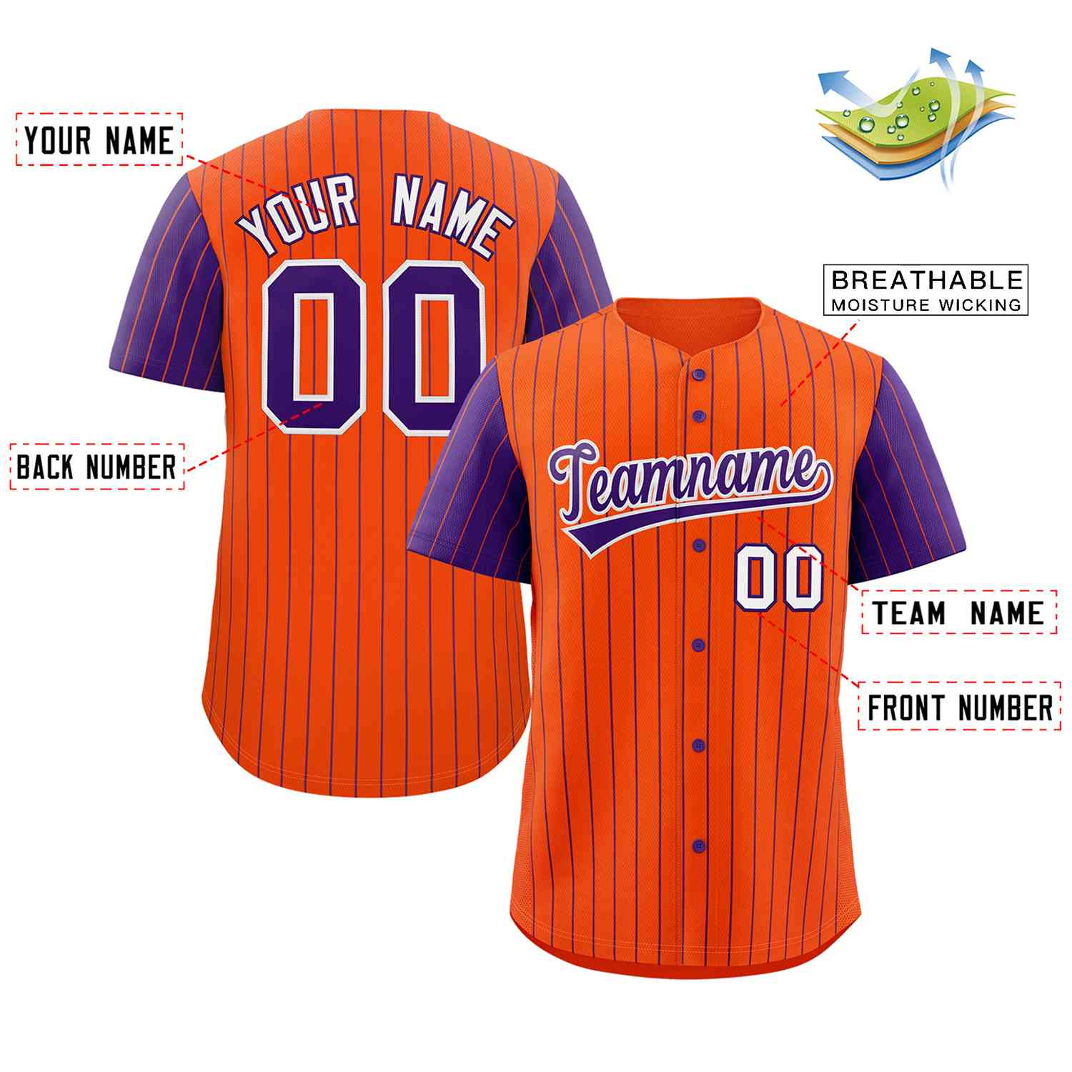 Custom Orange Purple-White Stripe Fashion Raglan Sleeves Authentic Baseball Jersey - Image 2