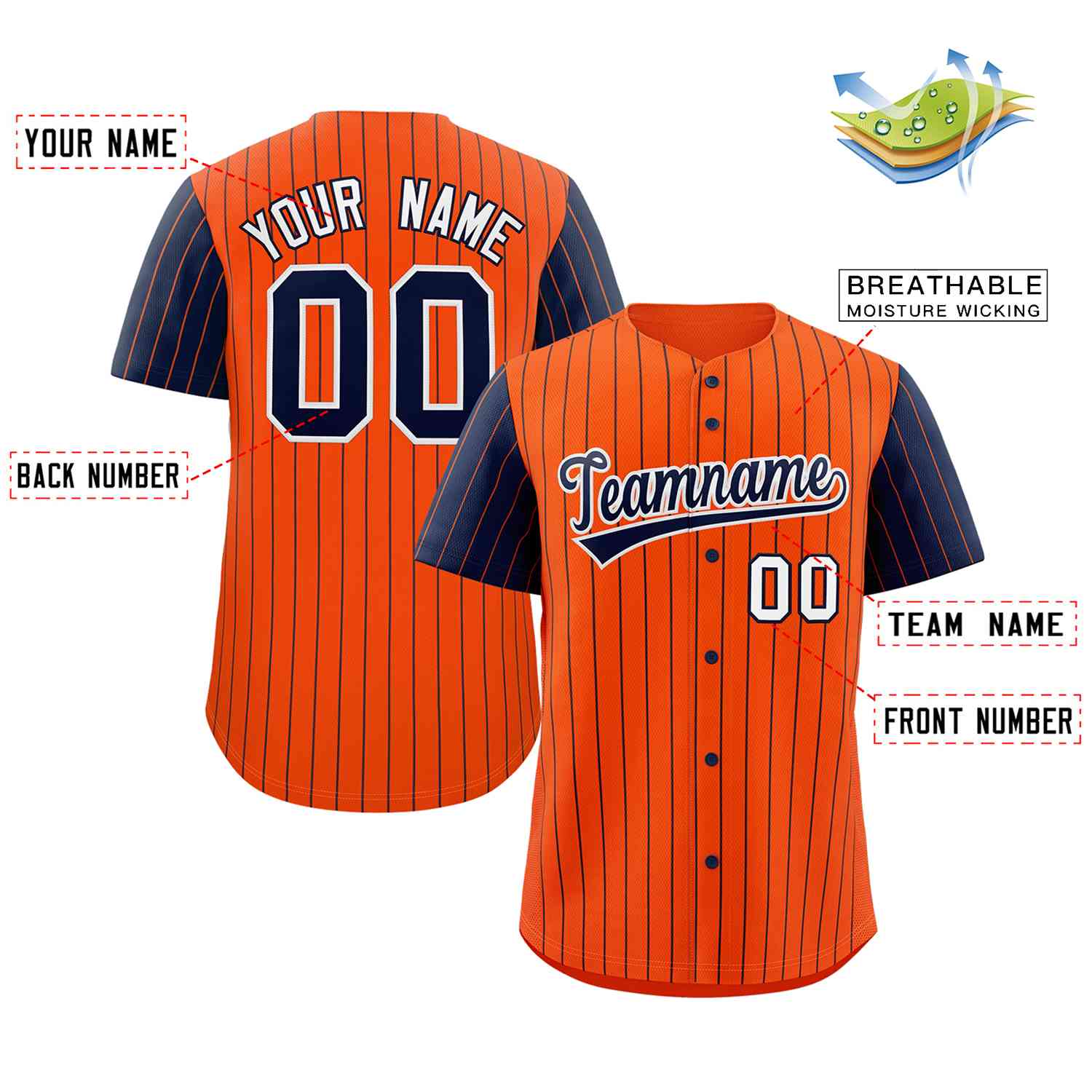 Custom Orange Navy-White Stripe Fashion Raglan Sleeves Authentic Baseball Jersey - Image 2