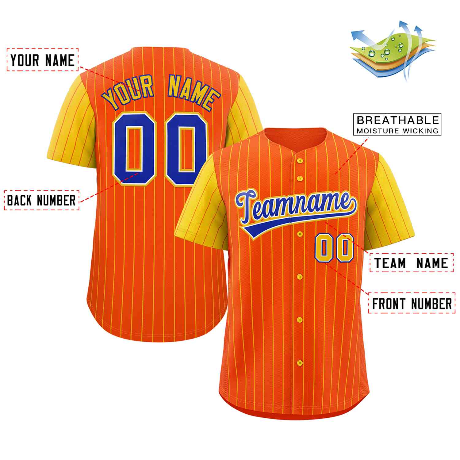 Custom Orange Royal-White Stripe Fashion Raglan Sleeves Authentic Baseball Jersey - Image 2