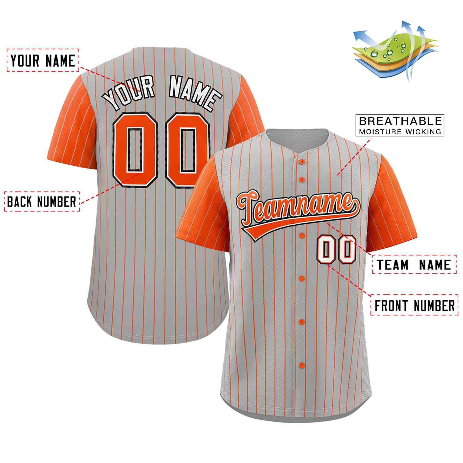 Custom Gray Orange-White Stripe Fashion Raglan Sleeves Authentic Baseball Jersey - Image 2