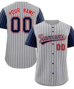 Custom Gray Navy-White Stripe Fashion Raglan Sleeves Authentic Baseball Jersey