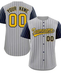 Custom Gray Gold-Navy Stripe Fashion Raglan Sleeves Authentic Baseball Jersey
