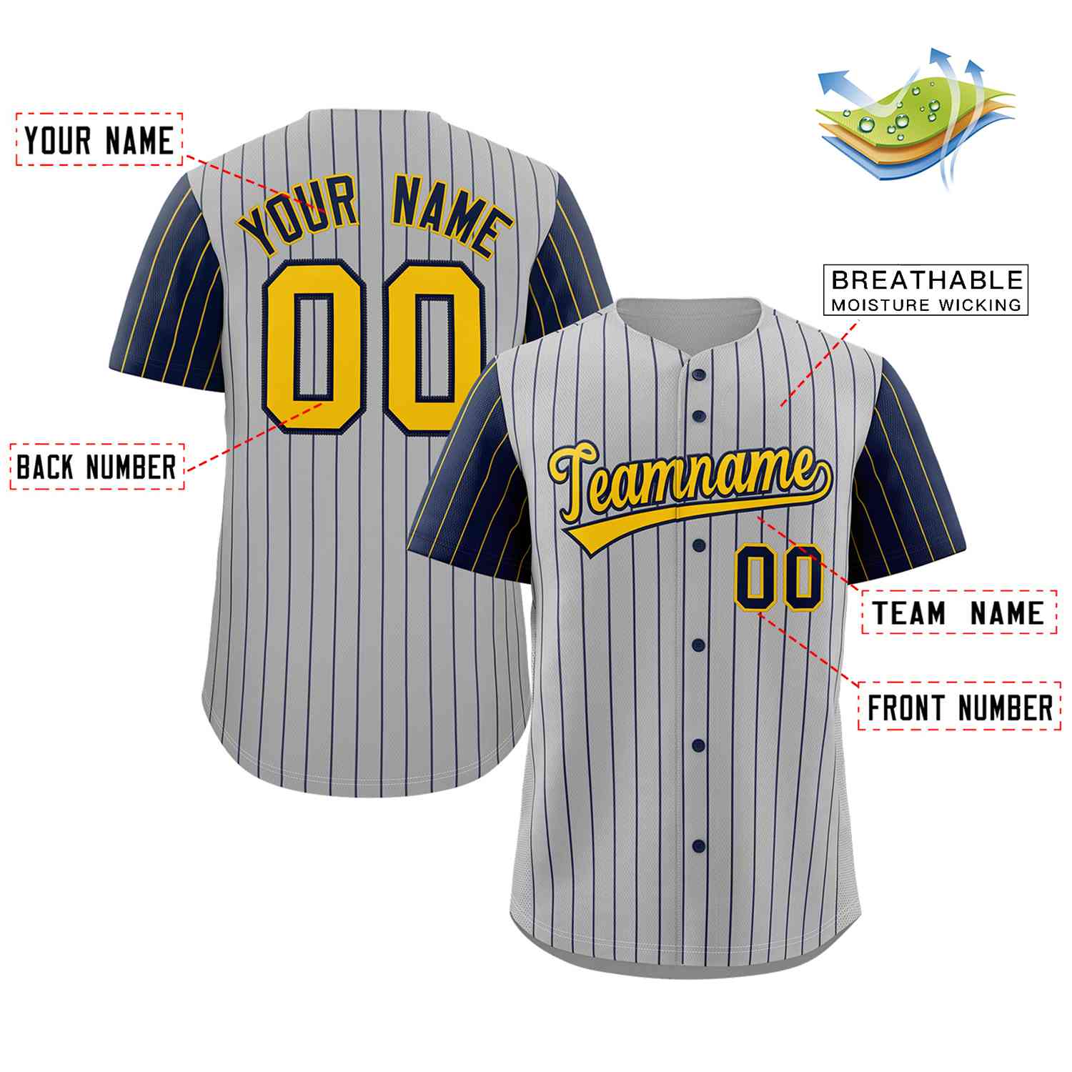 Custom Gray Gold-Navy Stripe Fashion Raglan Sleeves Authentic Baseball Jersey - Image 2