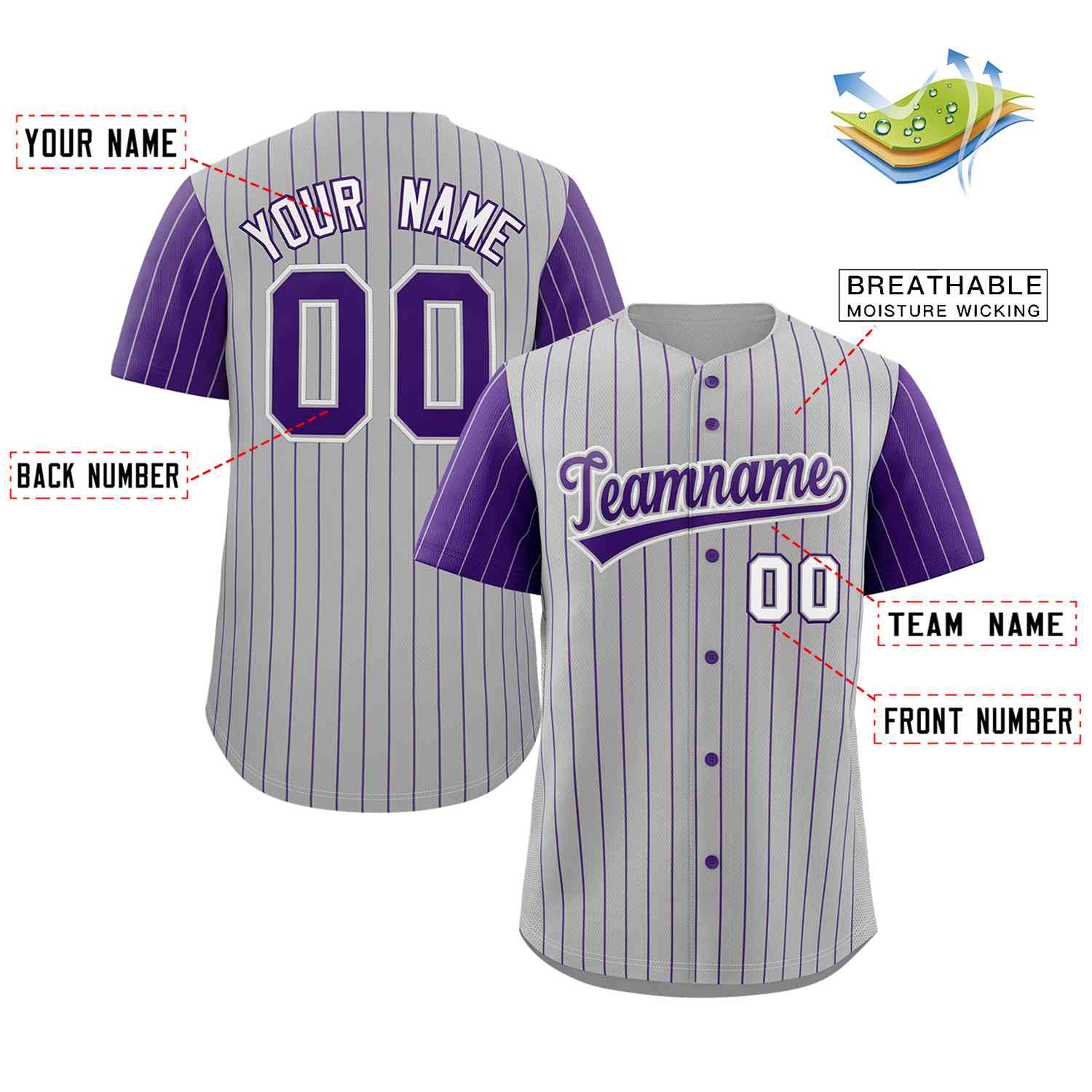 Custom Gray Purple-White Stripe Fashion Raglan Sleeves Authentic Baseball Jersey - Image 2