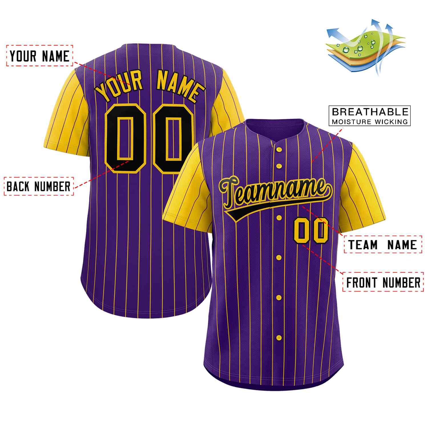 Custom Purple Black-Gold Stripe Fashion Raglan Sleeves Authentic Baseball Jersey - Image 2