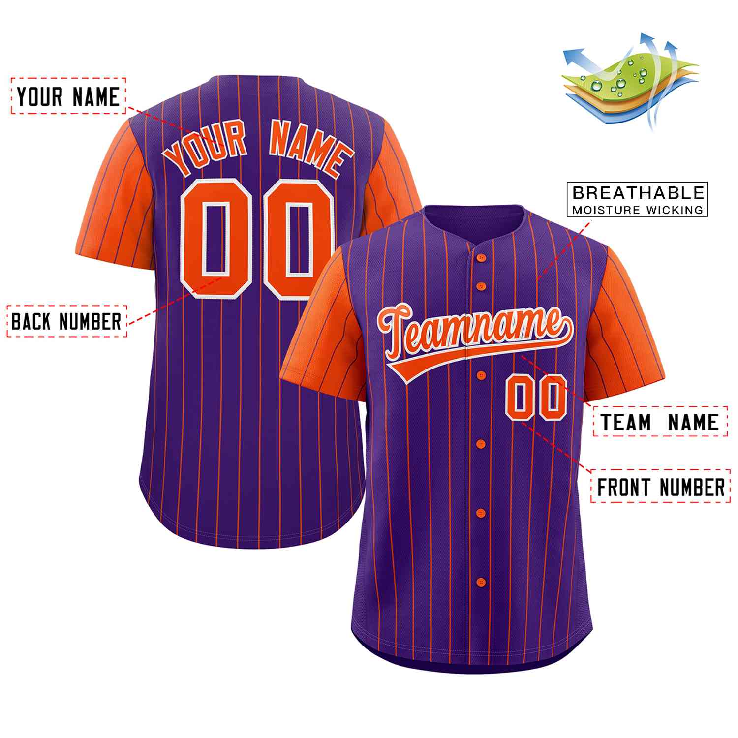 Custom Purple Orange-White Stripe Fashion Raglan Sleeves Authentic Baseball Jersey - Image 2