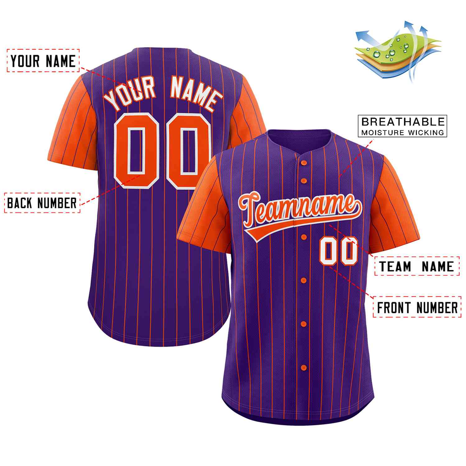 Custom Purple Orange-White Stripe Fashion Raglan Sleeves Authentic Baseball Jersey - Image 2
