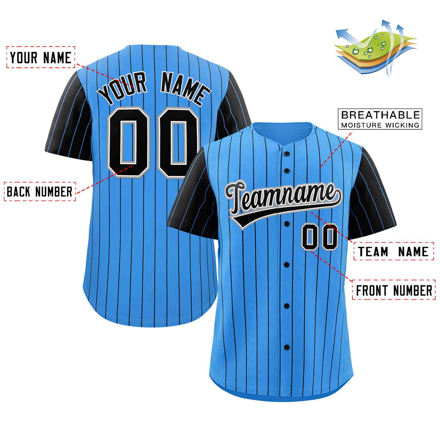 Custom Powder Blue Black-White Stripe Fashion Raglan Sleeves Authentic Baseball Jersey - Image 2