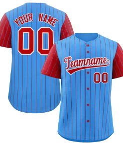 Custom Powder Blue Red-White Stripe Fashion Raglan Sleeves Authentic Baseball Jersey