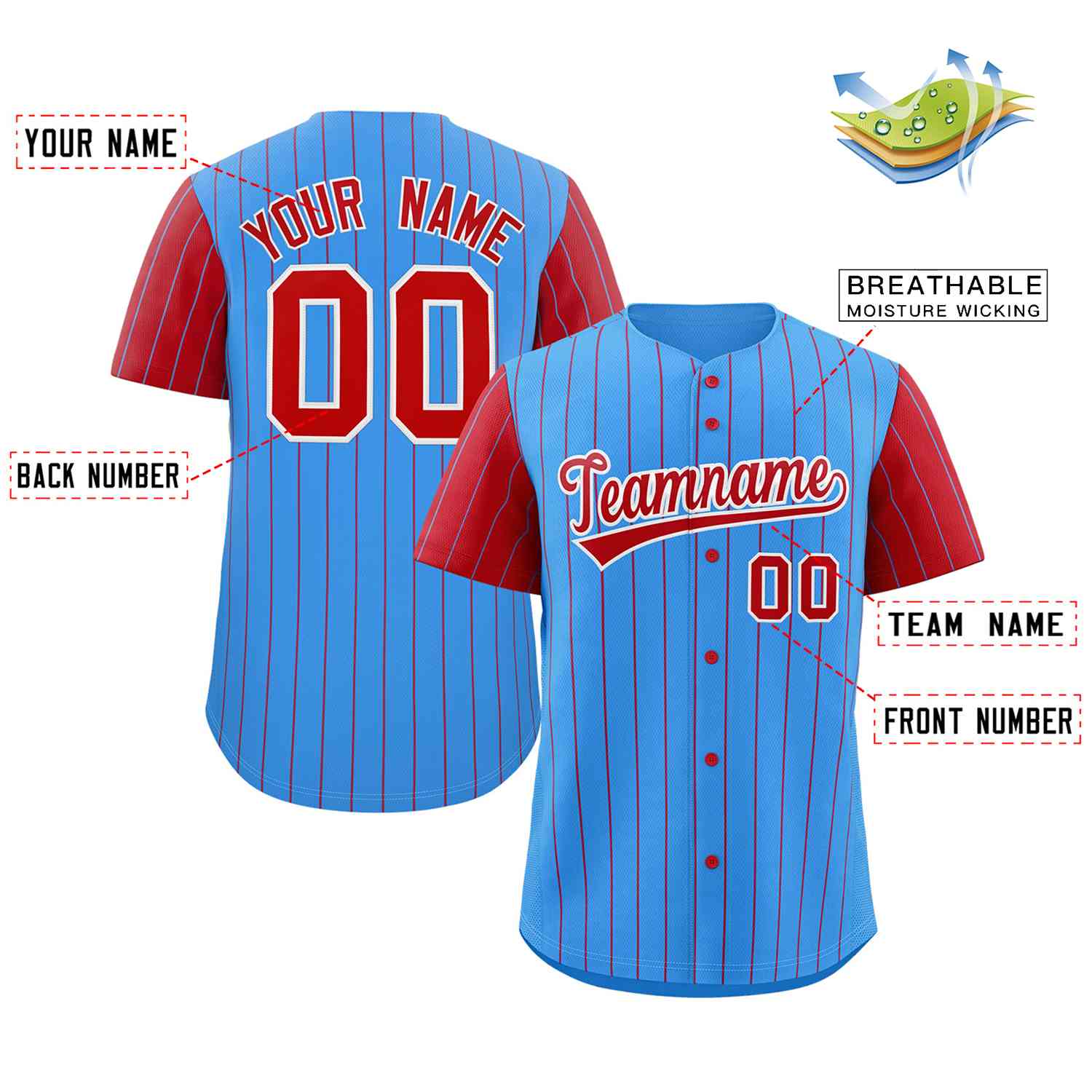 Custom Powder Blue Red-White Stripe Fashion Raglan Sleeves Authentic Baseball Jersey - Image 2