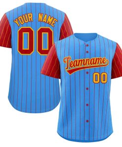 Custom Powder Blue Yellow-Red Stripe Fashion Raglan Sleeves Authentic Baseball Jersey