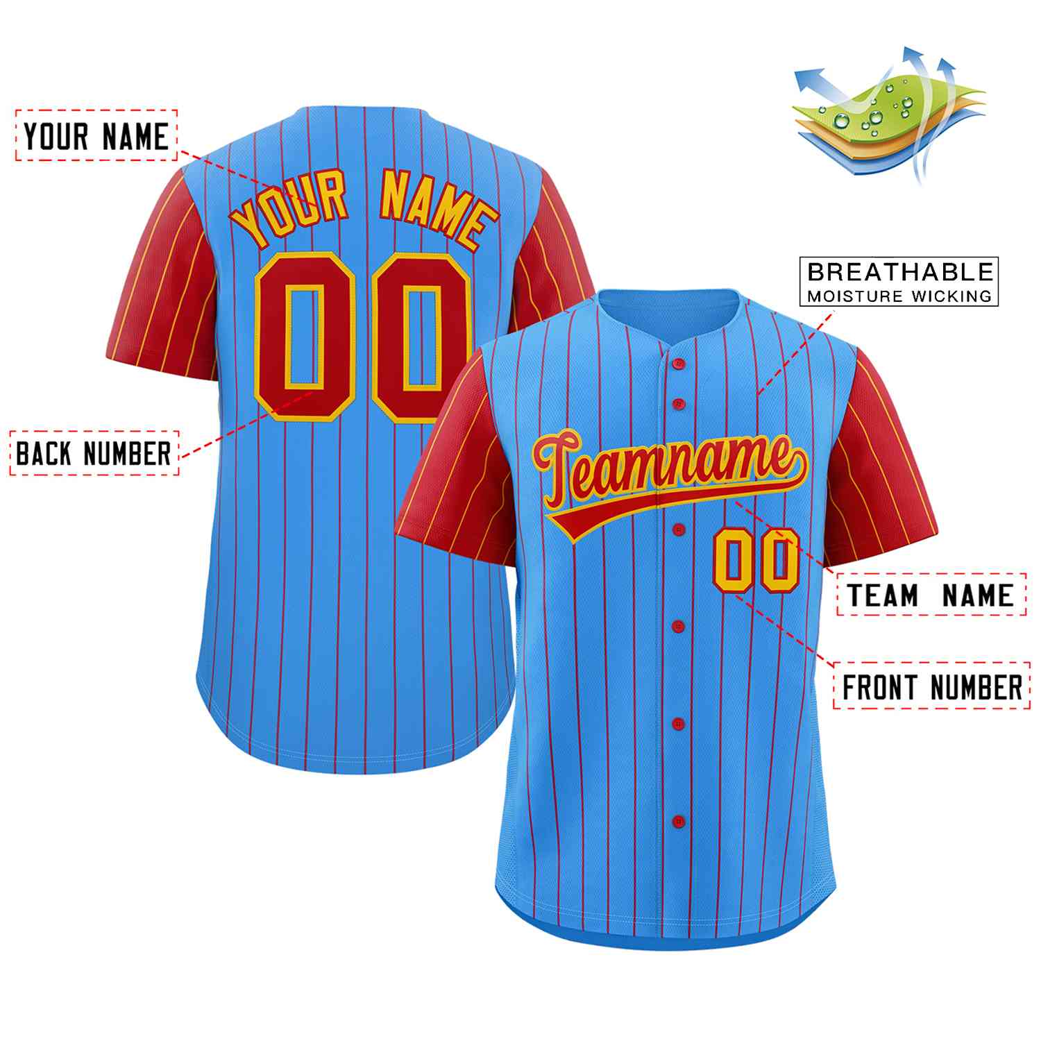 Custom Powder Blue Yellow-Red Stripe Fashion Raglan Sleeves Authentic Baseball Jersey - Image 2