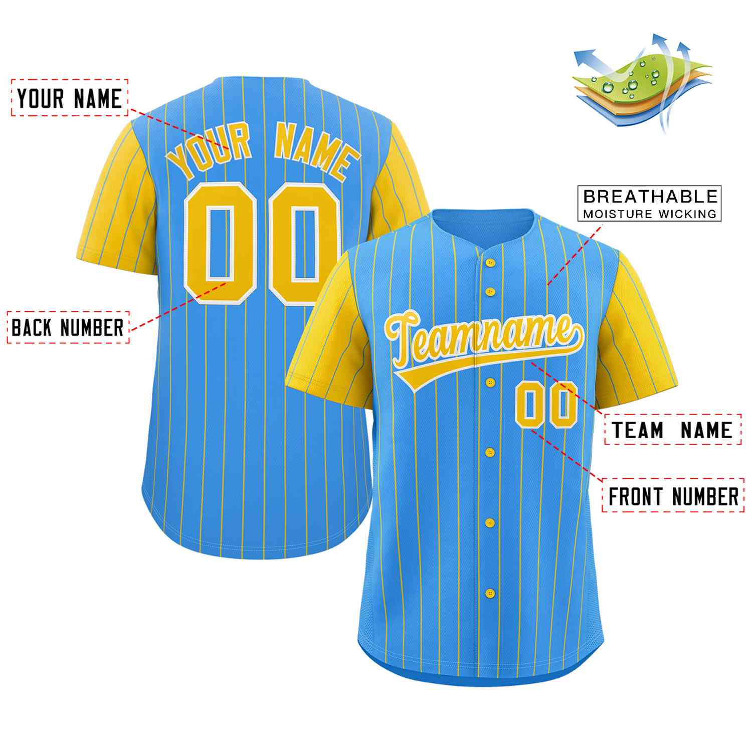 Custom Powder Blue Gold-White Stripe Fashion Raglan Sleeves Authentic Baseball Jersey - Image 2