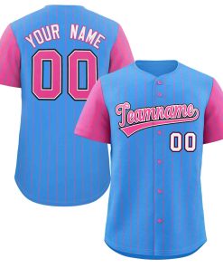 Custom Powder Blue Pink-White Stripe Fashion Raglan Sleeves Authentic Baseball Jersey