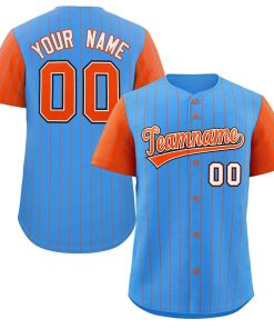 Custom Powder Blue Orange-White Stripe Fashion Raglan Sleeves Authentic Baseball Jersey
