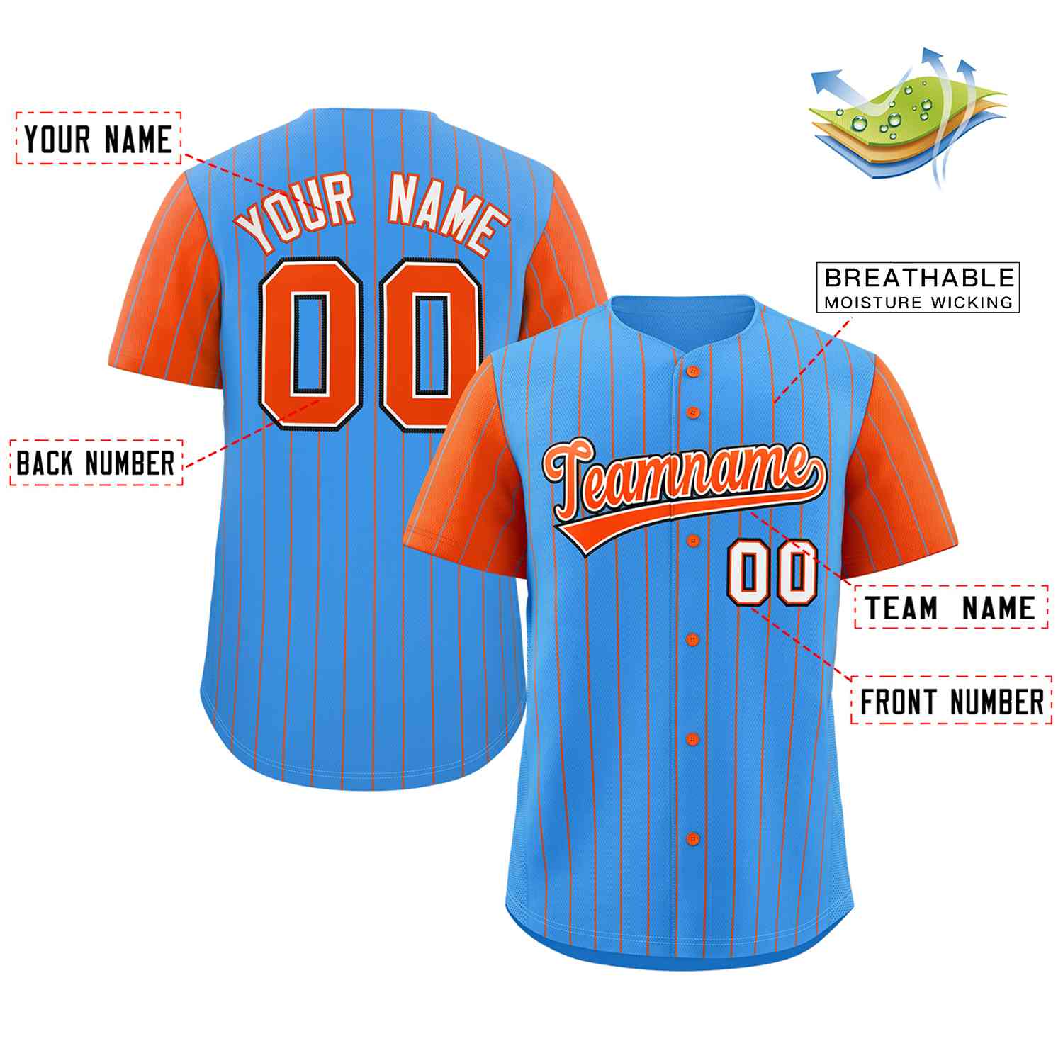 Custom Powder Blue Orange-White Stripe Fashion Raglan Sleeves Authentic Baseball Jersey - Image 2