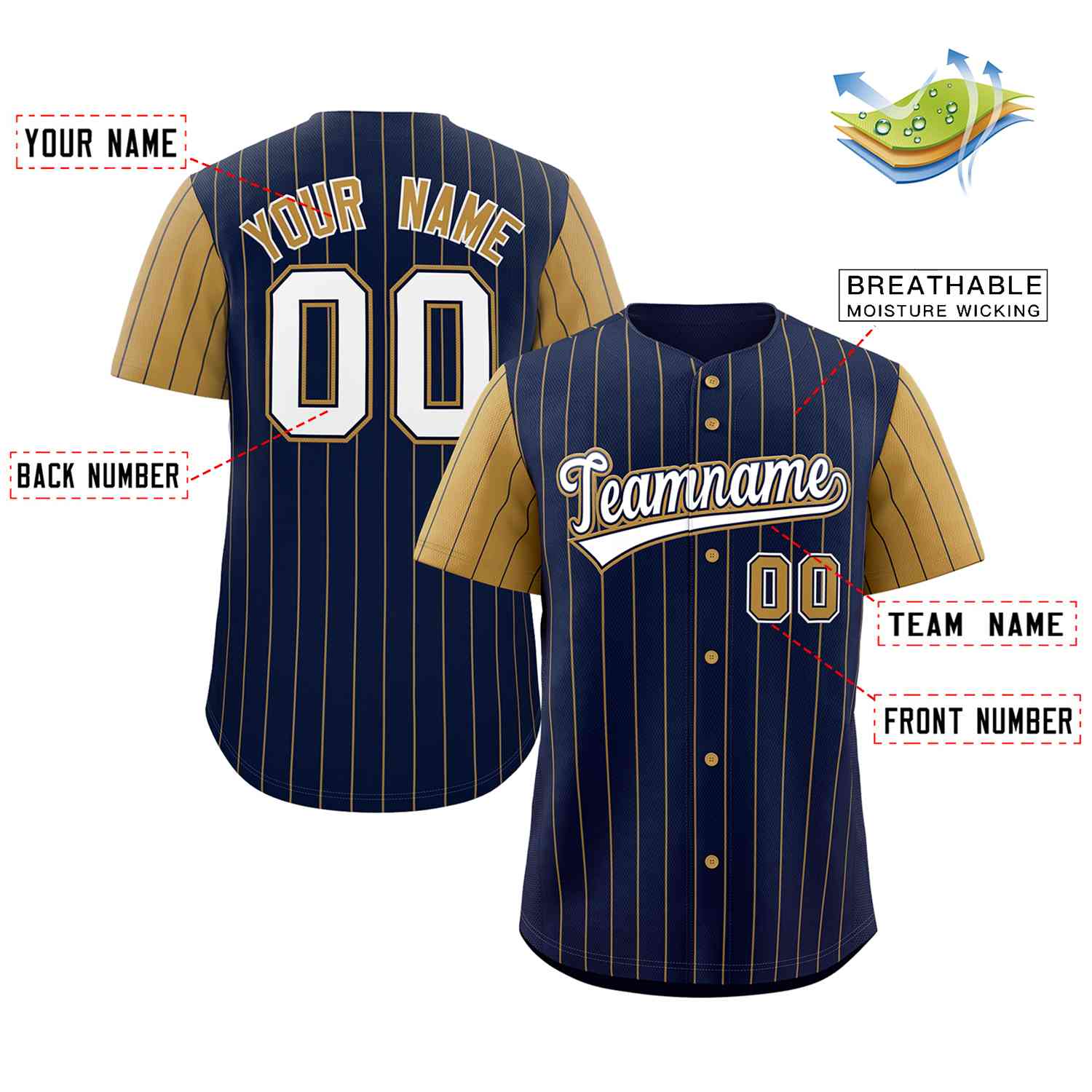 Custom Navy White-Old Gold Stripe Fashion Raglan Sleeves Authentic Baseball Jersey - Image 2