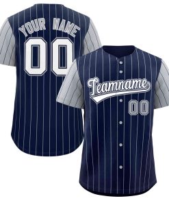 Custom Navy White-Gray Stripe Fashion Raglan Sleeves Authentic Baseball Jersey