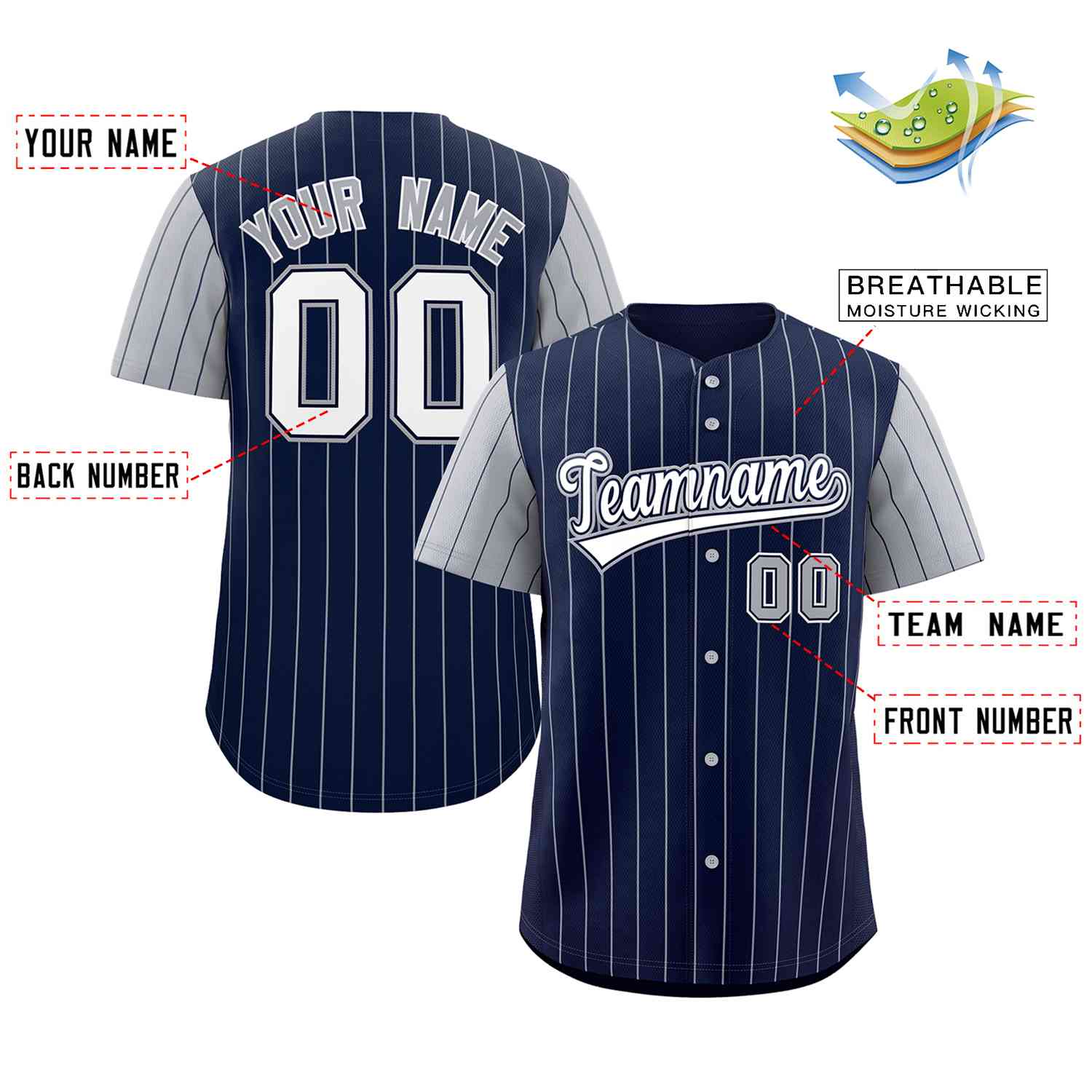 Custom Navy White-Gray Stripe Fashion Raglan Sleeves Authentic Baseball Jersey - Image 2