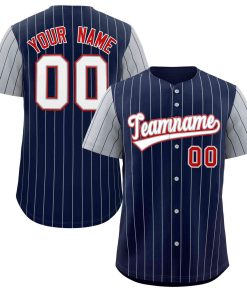 Custom Navy White-Gray Stripe Fashion Raglan Sleeves Authentic Baseball Jersey