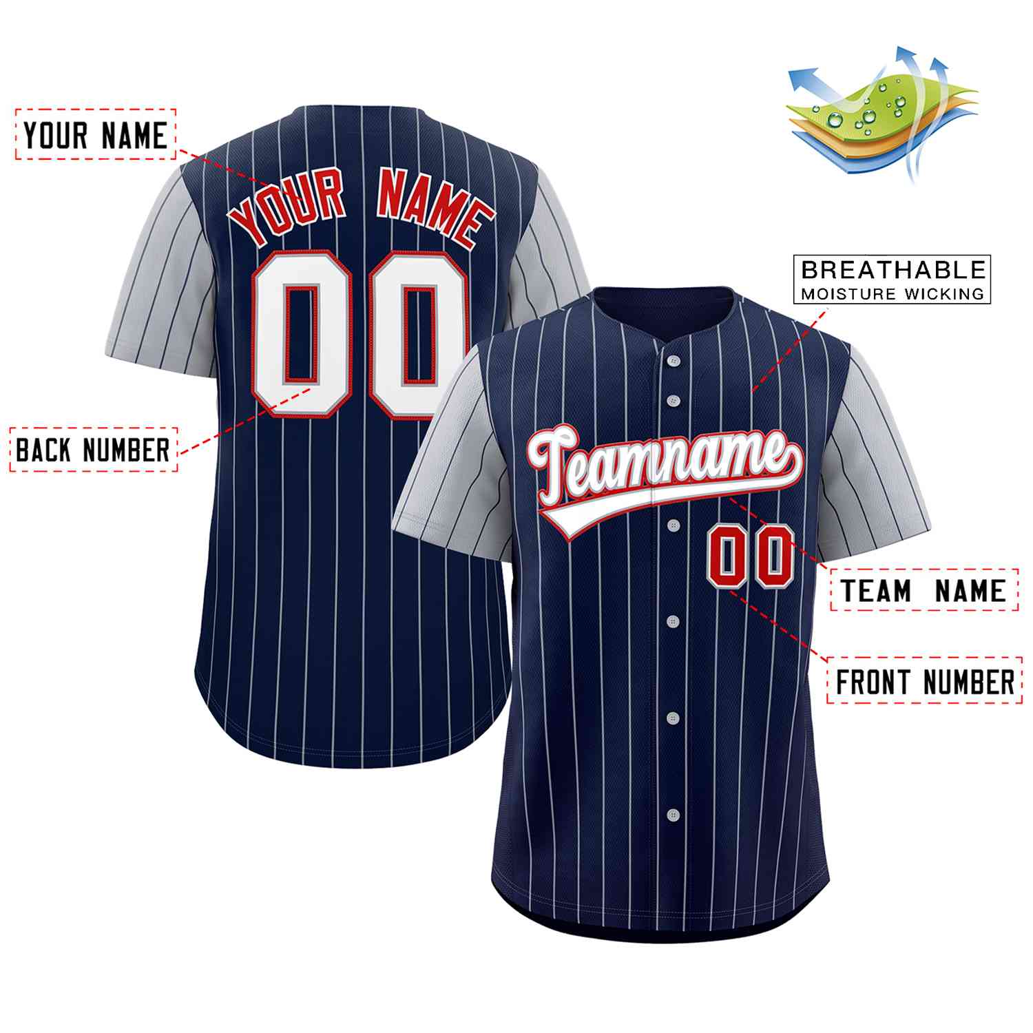 Custom Navy White-Gray Stripe Fashion Raglan Sleeves Authentic Baseball Jersey - Image 2