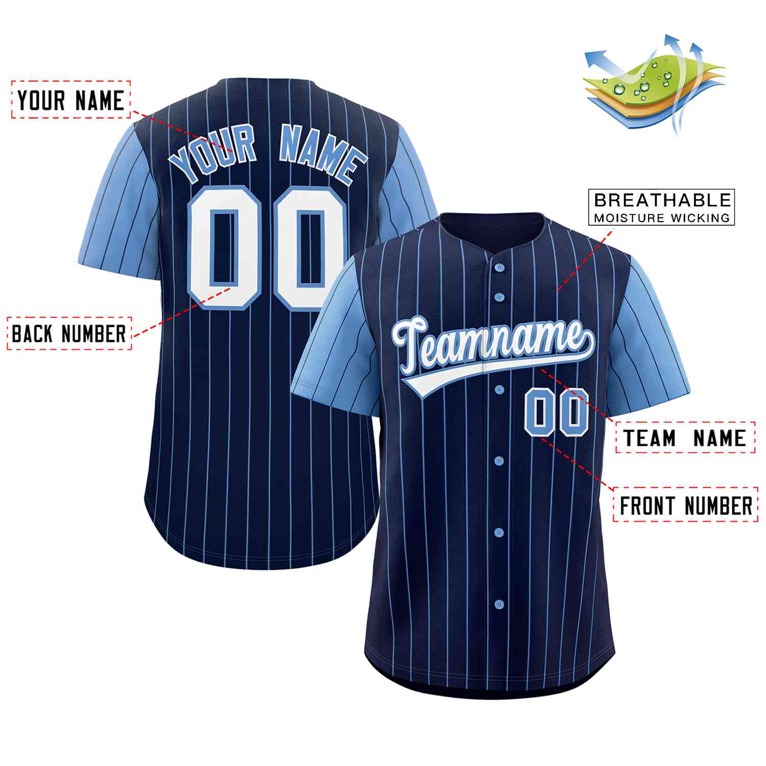 Custom Navy White-Light Blue Stripe Fashion Raglan Sleeves Authentic Baseball Jersey - Image 2