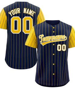 Custom Navy Gold-White Stripe Fashion Raglan Sleeves Authentic Baseball Jersey