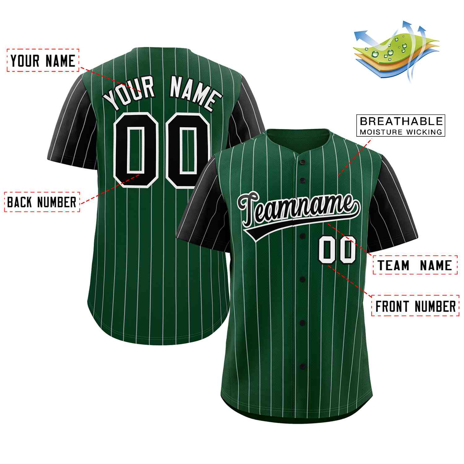 Custom Green Black-White Stripe Fashion Raglan Sleeves Authentic Baseball Jersey - Image 2