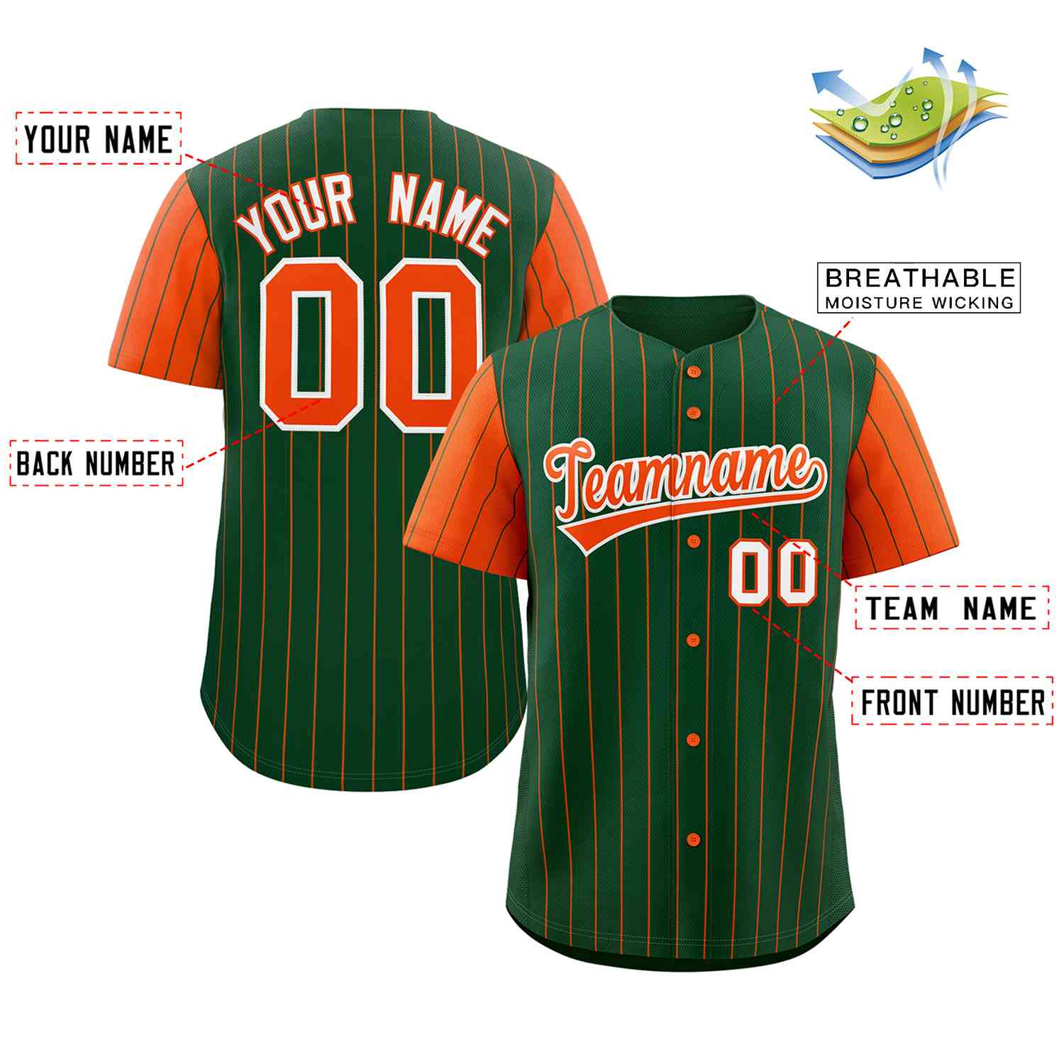 Custom Green Orange-White Stripe Fashion Raglan Sleeves Authentic Baseball Jersey - Image 2