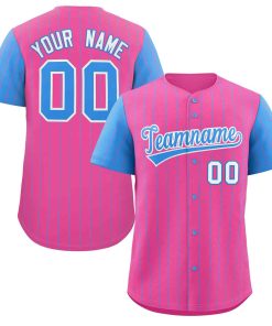 Custom Pink Powder Blue-White Stripe Fashion Raglan Sleeves Authentic Baseball Jersey