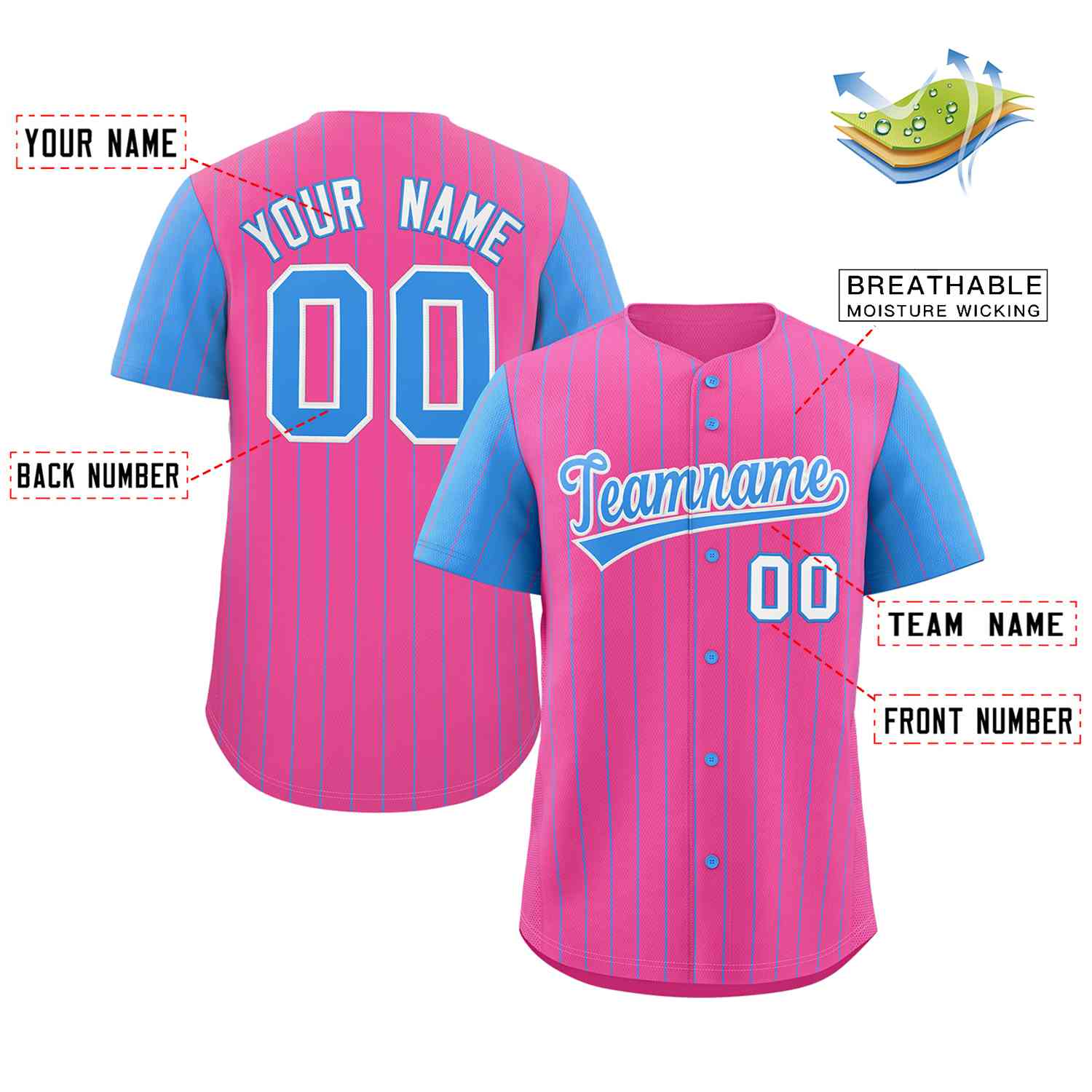 Custom Pink Powder Blue-White Stripe Fashion Raglan Sleeves Authentic Baseball Jersey - Image 2