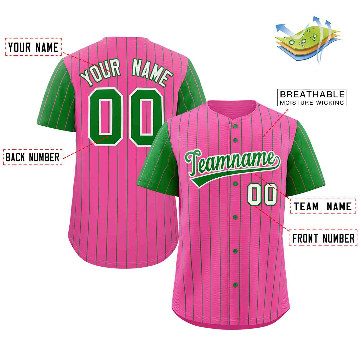 Custom Pink Kelly Green-White Stripe Fashion Raglan Sleeves Authentic Baseball Jersey - Image 2