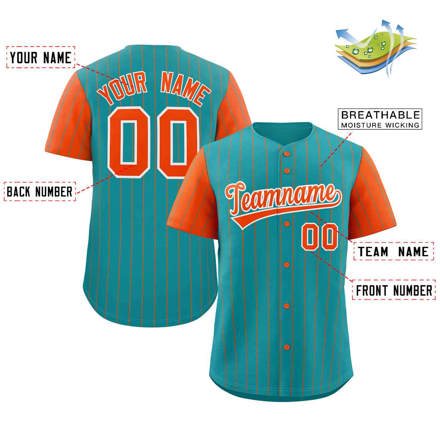 Custom Aqua Orange-White Stripe Fashion Raglan Sleeves Authentic Baseball Jersey - Image 2
