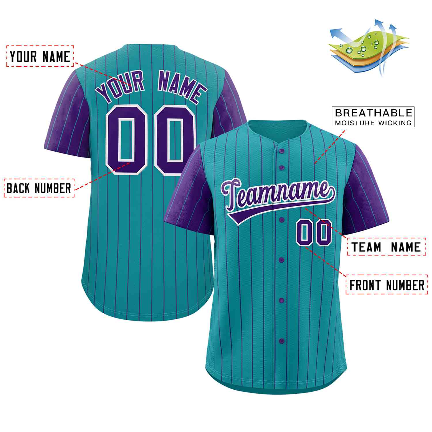 Custom Aqua Purple-White Stripe Fashion Raglan Sleeves Authentic Baseball Jersey - Image 2