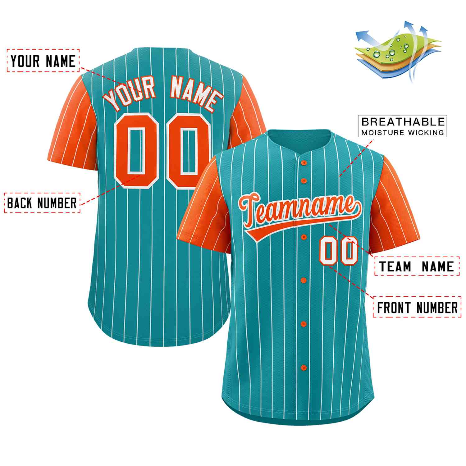 Custom Aqua Orange-White Stripe Fashion Raglan Sleeves Authentic Baseball Jersey - Image 2