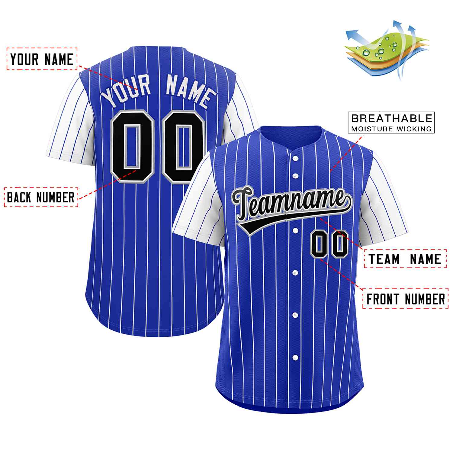 Custom Royal Black-White Stripe Fashion Raglan Sleeves Authentic Baseball Jersey - Image 2