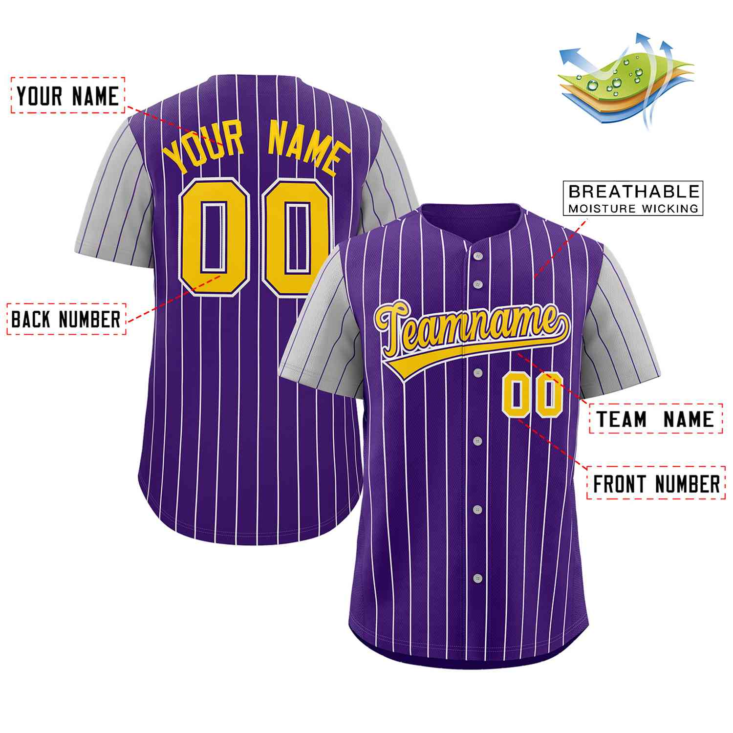 Custom Purple Gold-White Stripe Fashion Raglan Sleeves Authentic Baseball Jersey - Image 2