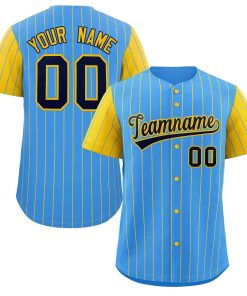 Custom Powder Blue Navy-Gold Stripe Fashion Raglan Sleeves Authentic Baseball Jersey