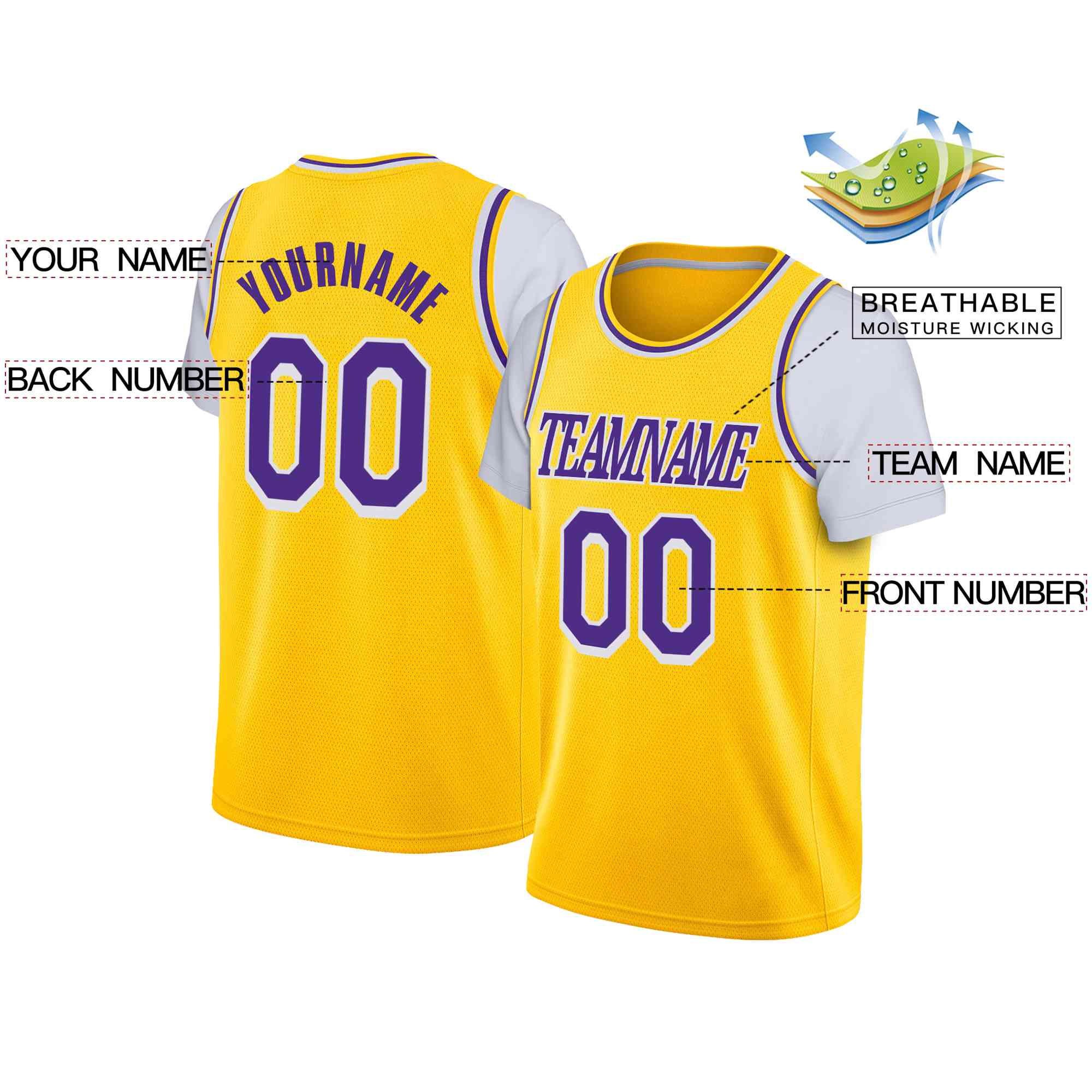 Custom Yellow Purple-White Classic Tops Casual Fake Sleeve Basketball Jersey - Image 2