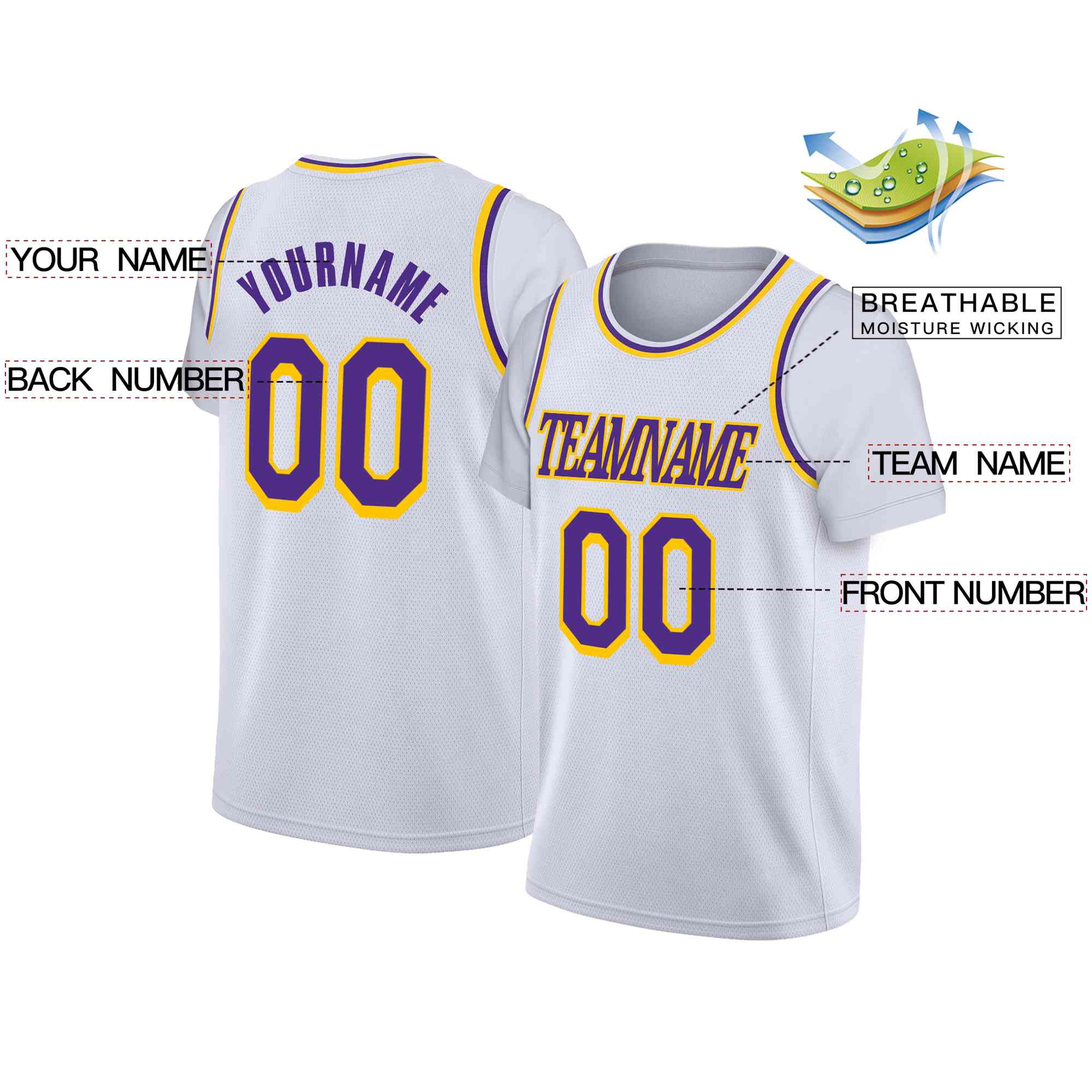 Custom White Purple-Yellow Classic Tops Casual Fake Sleeve Basketball Jersey - Image 2