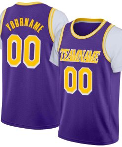 Custom Purple Yellow-White Classic Tops Casual Fake Sleeve Basketball Jersey