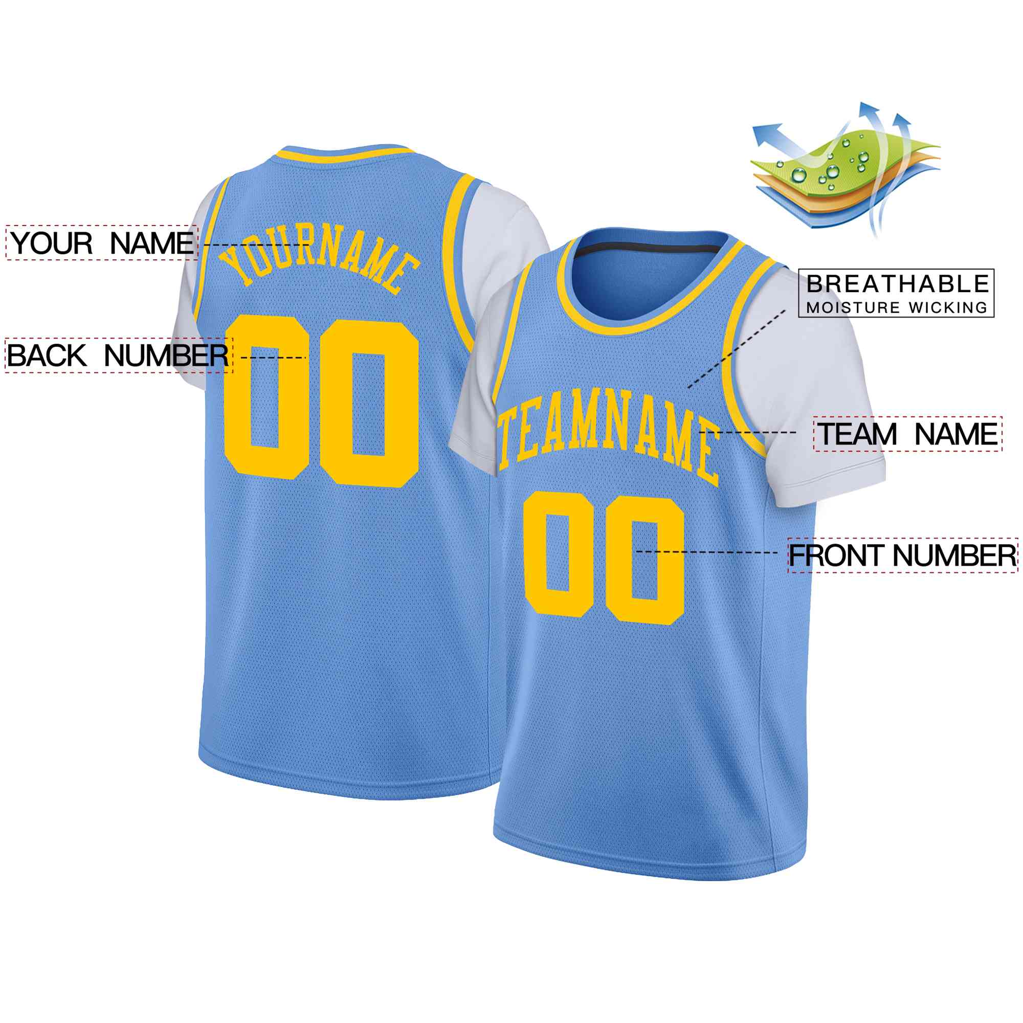 Custom Light Blue Yellow Classic Tops Casual Fake Sleeve Basketball Jersey - Image 2