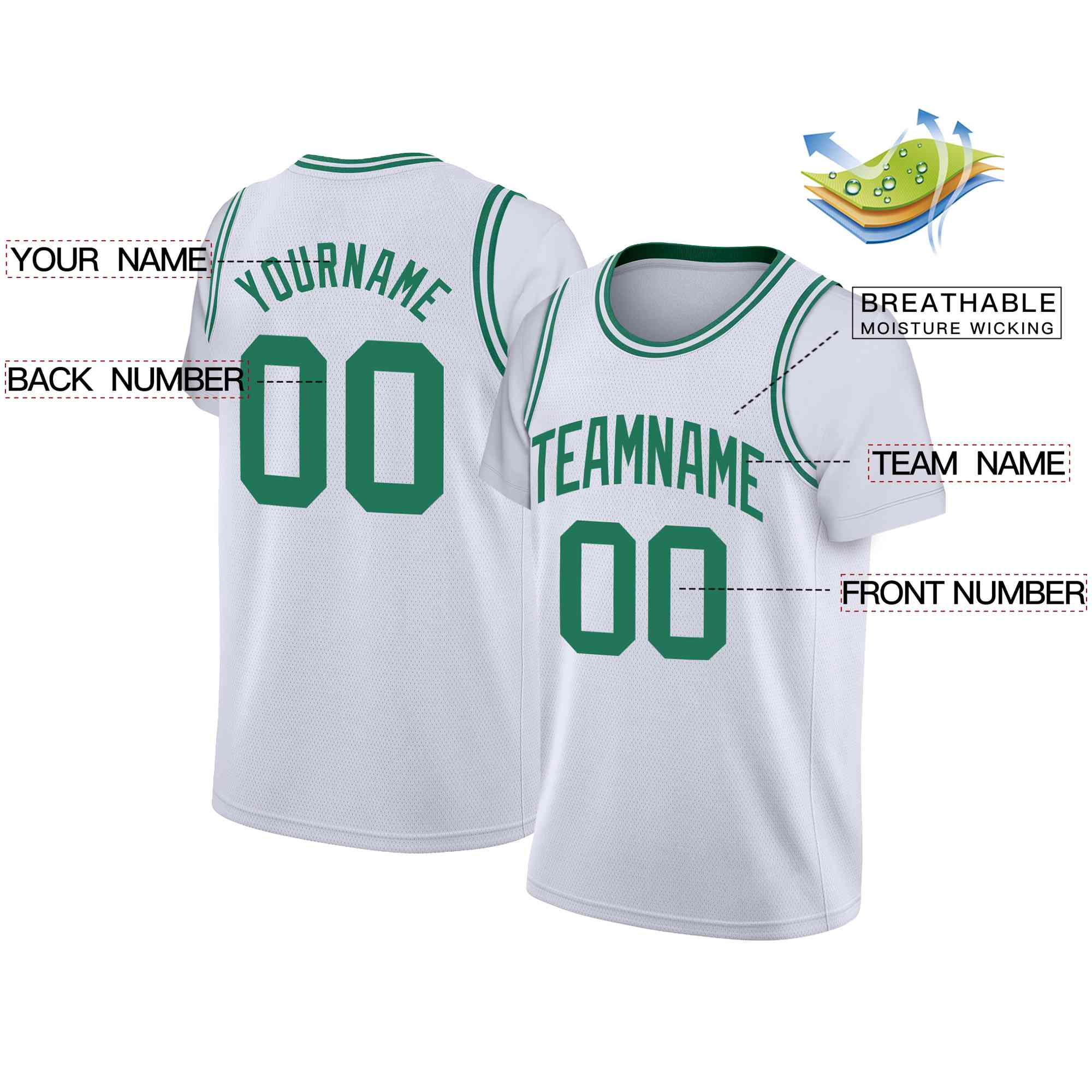 Custom White Green Classic Tops Casual Fake Sleeve Basketball Jersey - Image 2