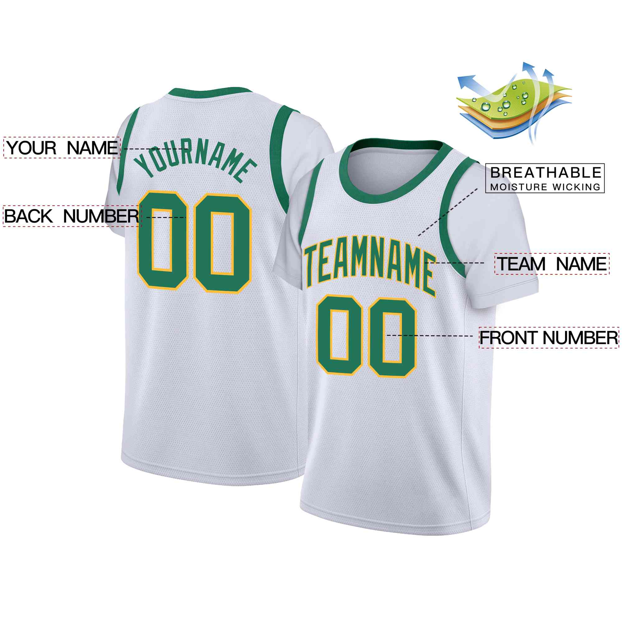 Custom White Green-Yellow Classic Tops Casual Fake Sleeve Basketball Jersey - Image 2