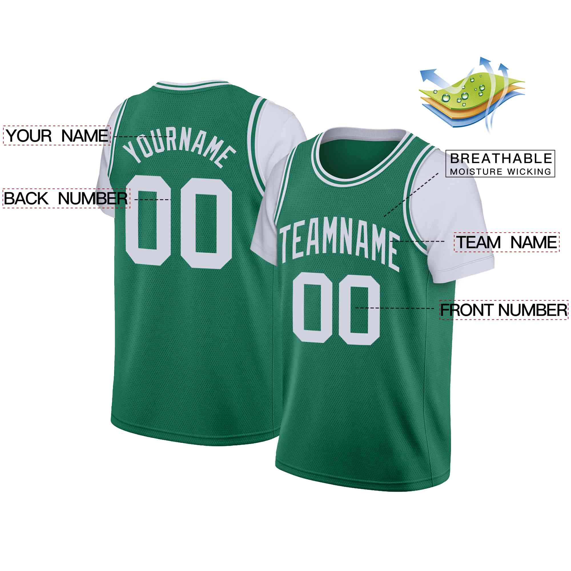 Custom Green WhiteClassic Tops Casual Fake Sleeve Basketball Jersey - Image 2