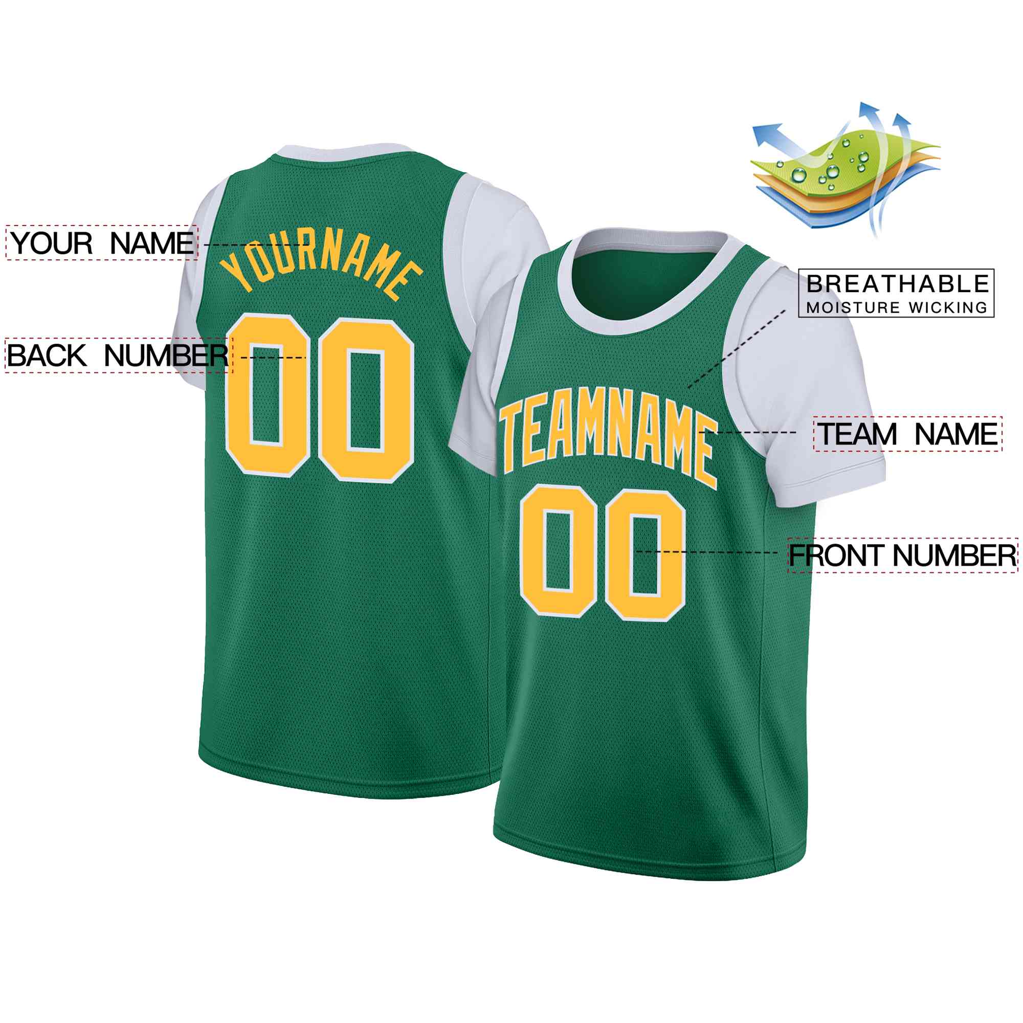 Custom Green Yellow-White Classic Tops Casual Fake Sleeve Basketball Jersey - Image 2