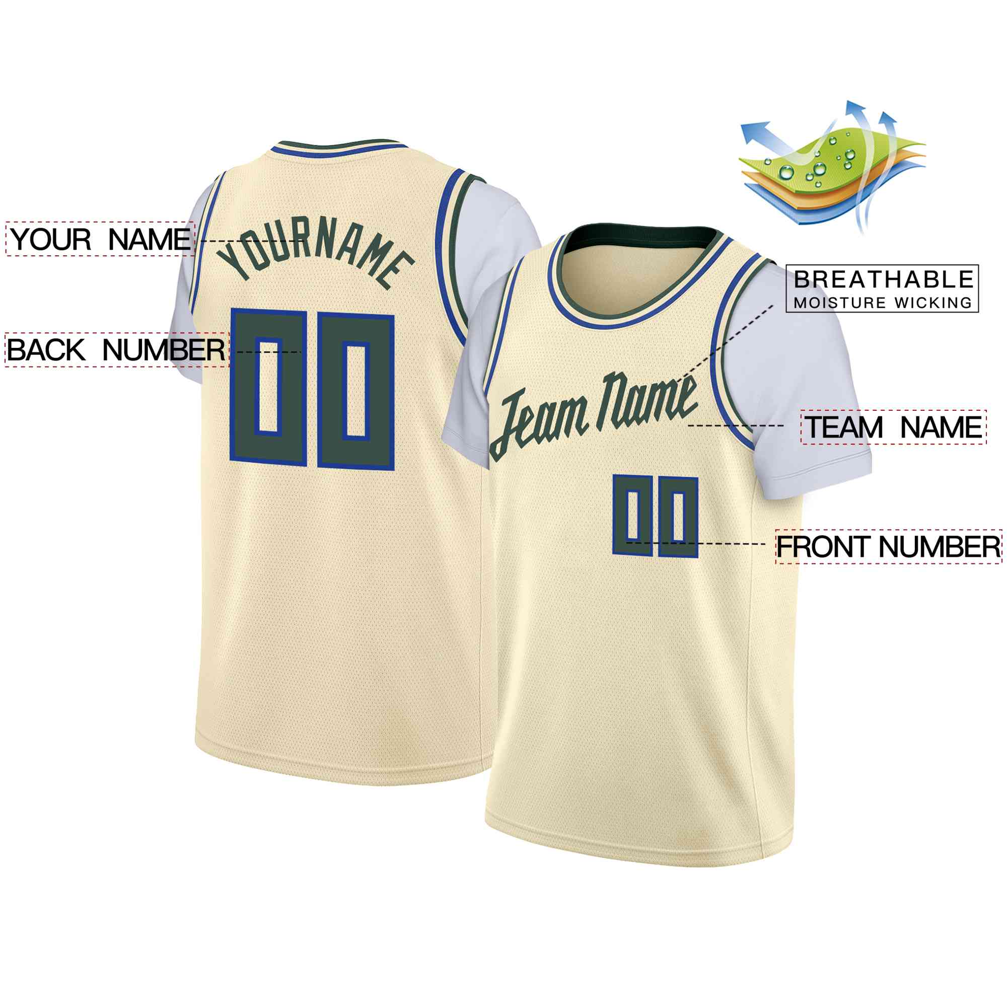 Custom Cream Hunter Green Classic Tops Casual Fake Sleeve Basketball Jersey - Image 2