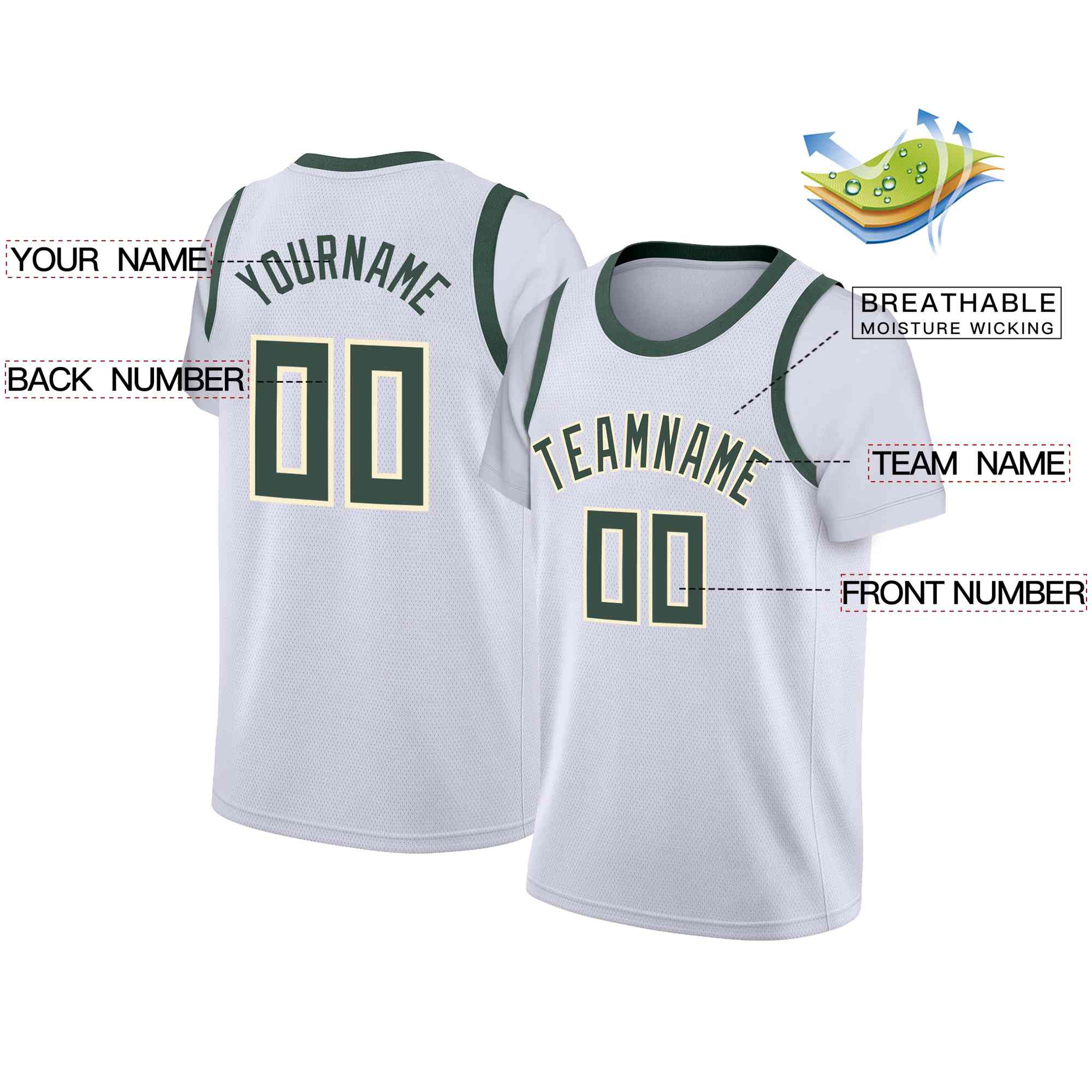 Custom White Hunter Green-Cream Classic Tops Casual Fake Sleeve Basketball Jersey - Image 2